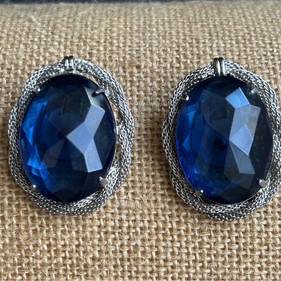 Hattie Carnegie Jewelry - Vintage Carnegie Clip Earrings Blue Faceted Glass Silver Signed Large Oval